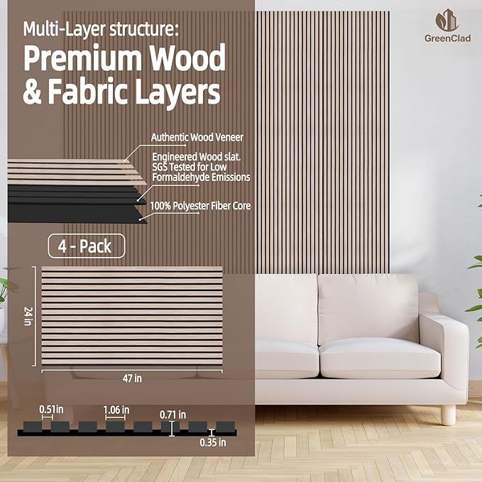 Acoustic Wall Panel - Walnut Wood Slat Soundproof Panel for Interior Wall Decor, 47.2" x 23.6", Modern Design