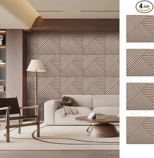 4 Packs Acoustic Wall Panels - Self-Adhesive 3D Wood Slat Wall Panel- Peel and Stick Sound Absorbing Panels for Noise Reducing - Feature Wall Decor for Home & Office