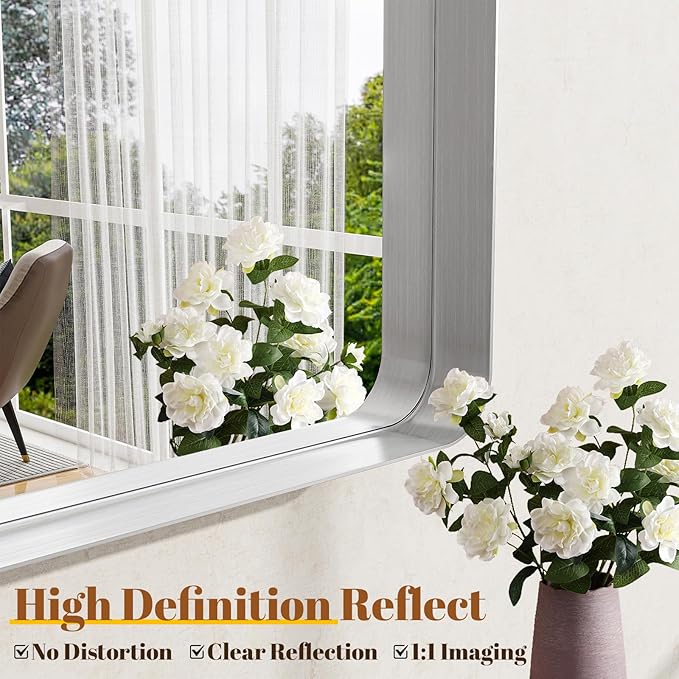 Bathroom Mirror Vanity for Over Sink Wall Mirror - 24x32 Inch Rounded Corner Rectangle Aluminum Frame Mirror,Hangs Horizontally or Vertically for Living Room Bedroom or Entryway Silver