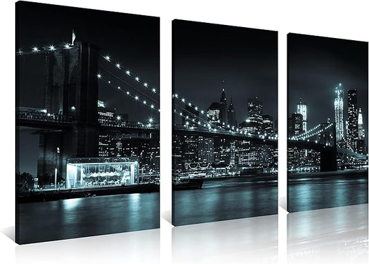 NAN Wind 3 Pcs Wall Art Brooklyn Bridge Black Canvas Art Paintings For Room Decor Manhattan Skyline Cityscape New York Skyscrapers Picture Prints On Canvas For Home Decor Modern Giclee Framed