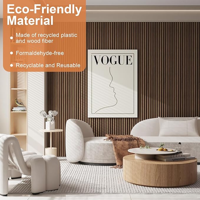 8-Pack WPC Slat Wall Panels, 96 x 6.6 in Decorative Acoustic Slats 3D Wall Panels, Water-Proof and Easy Installation,Walnut