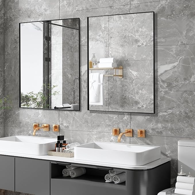 24x36 Inch Black Bathroom Mirror for Wall, Aluminum Frame Rectangle Rectangular Vanity Mirror, Modern Large for Bedroom, Living Room, Horizontal or Vertical