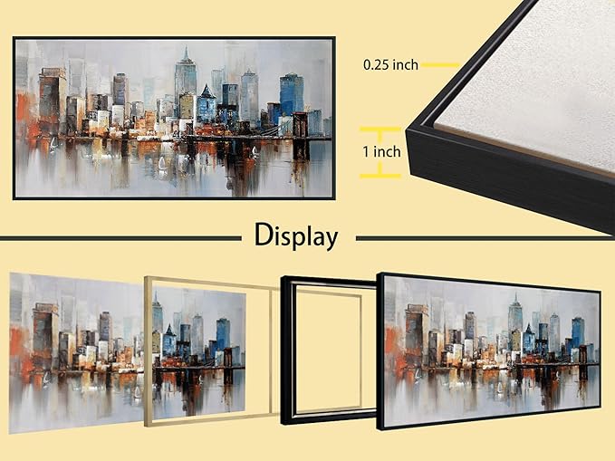 Arjun NYC Skyline Wall Art Framed Canvas Modern New York Abstract Cityscape Painting, Brooklyn Bridge Textured Picture for Living Room Bedroom Home Office Wall Decor, Large Black Wood 40"x20"