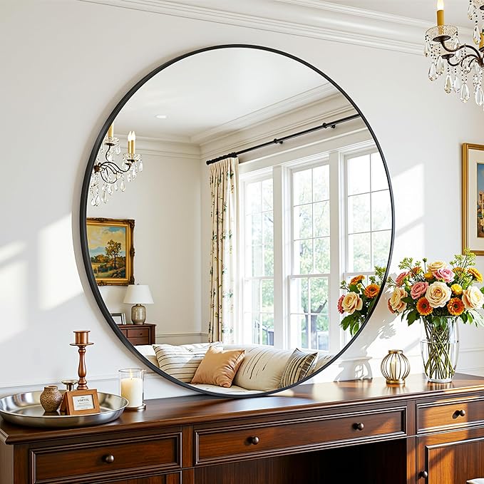 Antok Wall Mirror, 30"x30" Bathroom Vanity Mirror, Anti-Rust HD Tempered Glass, Wall Mounted Mirrors for Living Room, Entryway, Black Frame, Round