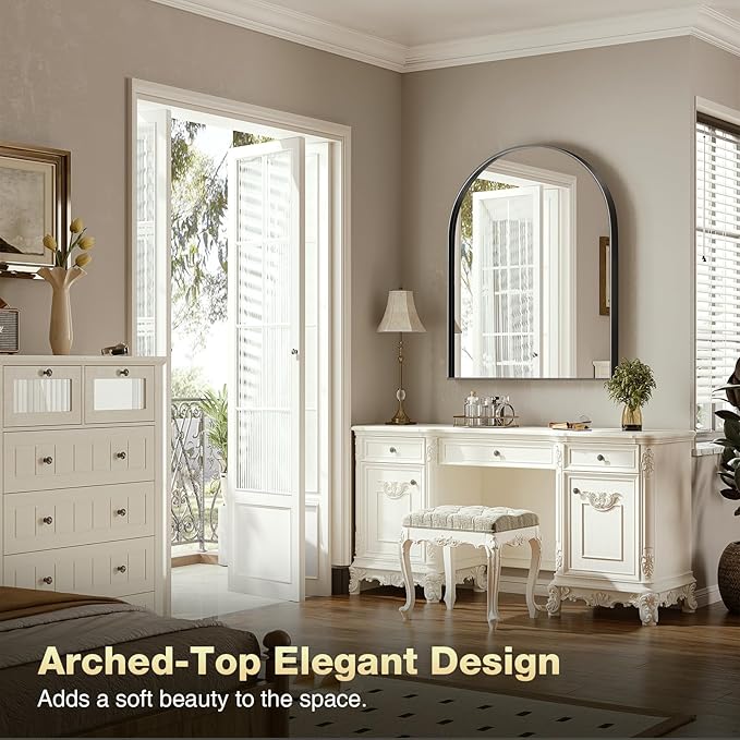 Brightify Arched Mirror, Arched Wall Mirror, 32 x 40 Inch Black Arch Mirror, Metal Frame Black Bathroom Mirror, Arched Top Bathroom Vanity Mirror for Living Room Bedroom Mantel Entryway Hallways