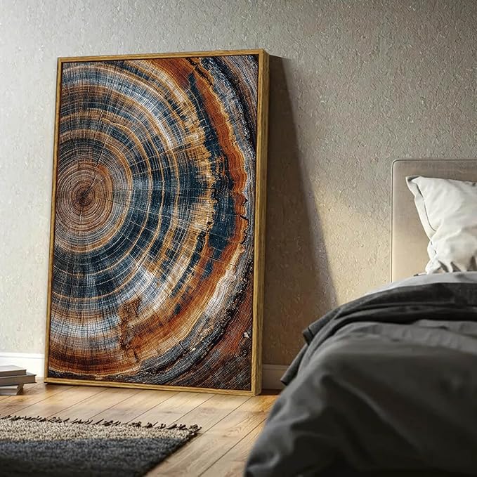 BingruiArt Large Framed Tree Ring Wall Art Wood Canvas Colorful Boho Wall Decor Rustic Artwork Abstract Painting Farmhouse Picture Nature Print for Living Room Bedroom Bathroom 24"x36" Natural Framed(04)
