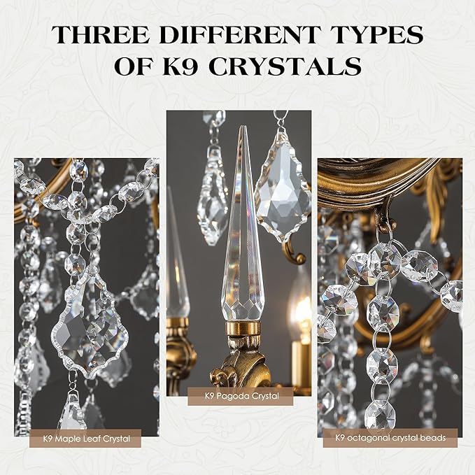 Antique Bronze Crystal Chandeliers, Luxury Gold Candle Pendant Ceiling Light Fixture, 15 Lights Golden Crystal Chandelier for Dining Room, Living Room, Bedroom, Kitchen Island, Hallway