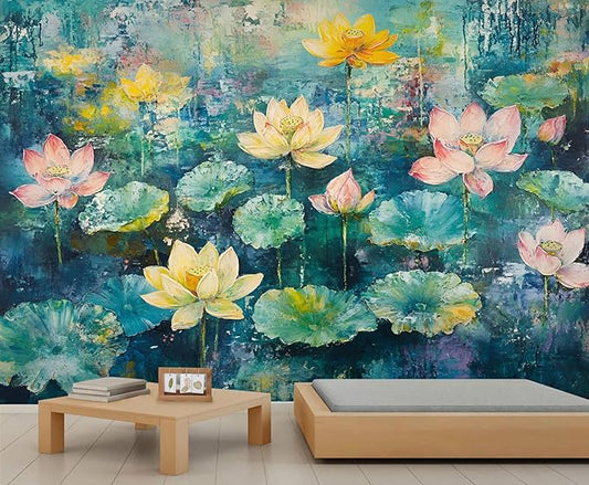 Lotus Flowers Mural Wallpaper, Watercolor Flowers Murals, Modern Simple Wall Art Murals Wallpaper for Living Room Bedroom Home Decor Mural - 98.4" W x 68.32" H (Not Peel Stick)