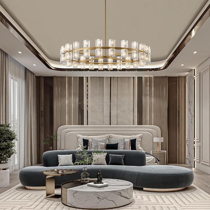 Modern 48 inch Gold Round Chandelier Light Fixture,Crystal Chandeliers for Dining Room,Living Room, Wagon Wheel Chandelier Over Table, Chandeliers for Bedroom,Foyer,G4 Bulbs Included