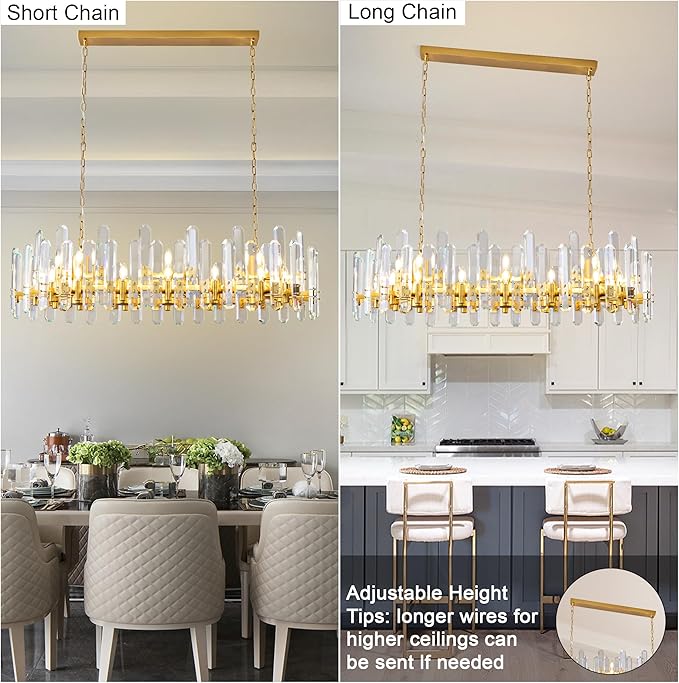 54" Modern Gold Crystal Chandelier, 24-Light Luxury Rectangular Chandelier for Dining Room, Kitchen Island, Living Room, Bedroom, Foyer, Contemporary Adjustable Chain Chandeliers K9 Light Fixture