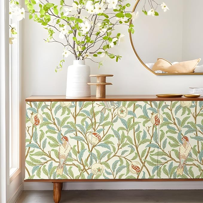 Livelynine Green Wallpaper Peel and Stick Botanical Sage Green Leaves Blue Brown Beige Bird Pomegranate William Morris Willow Bough Prepasted Wallpaper Rolls Vintage Contact Paper Adhesive 17.5x78.8