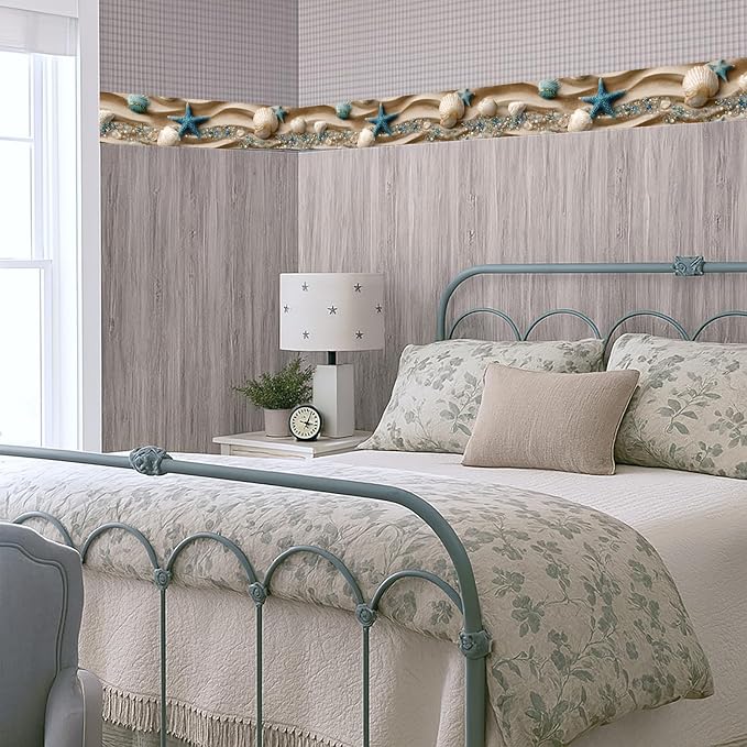 Beach Seashell Wallpaper Border 196x4 Inch Peel and Stick Wall Border Self Adhesive Ocean Starfish Removable Vinyl Trim for Living Room Bedroom Bathroom Kitchen Cabinet Decoration