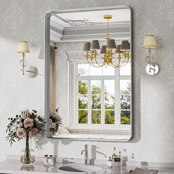 Bathroom Mirror Vanity for Over Sink Wall Mirror - 24x32 Inch Rounded Corner Rectangle Aluminum Frame Mirror,Hangs Horizontally or Vertically for Living Room Bedroom or Entryway Silver