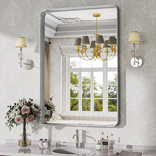 Bathroom Mirror Vanity for Over Sink Wall Mirror - 24x32 Inch Rounded Corner Rectangle Aluminum Frame Mirror,Hangs Horizontally or Vertically for Living Room Bedroom or Entryway Silver