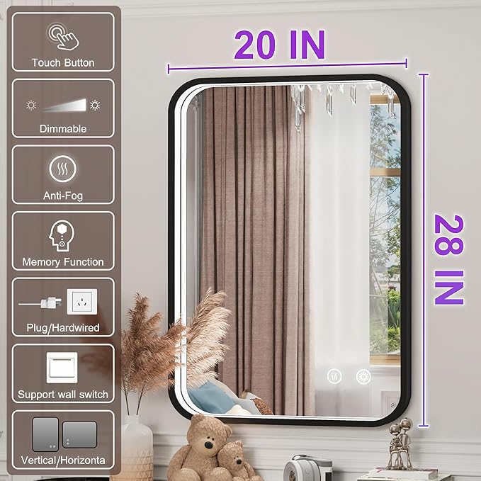 20x28 Inch Black LED Bathroom Mirror with Lights, 3000K/4500K/6000K, Wall Mounted Lighted Vanity Mirrors for Bathroom, Anti-Fog, Stepless Dimmable, Memory Funtion, Horizontal/Vertical