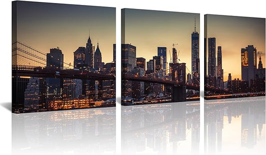 NAN Wind 3PCS Modern Urban Skyline Wall Art NYC-Inspired Twilight Cityscape Framed Canvas Prints Art Contemporary Manhattan Bridge Golden Sunset Skyscraper Canvas Pictures for Home Office Decor