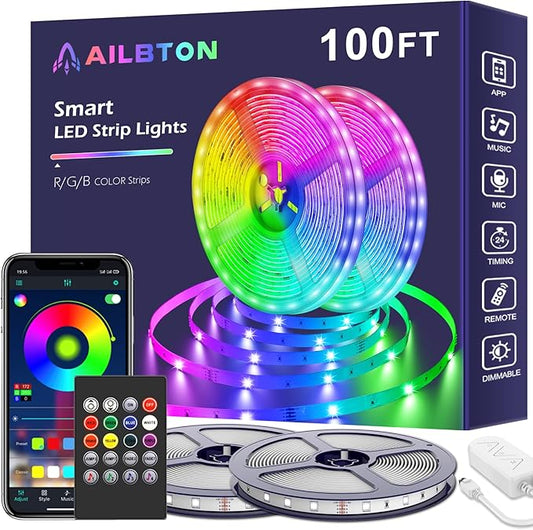 AILBTON Led Lights for Bedroom,100ft Led Light Strip Music Sync RGB Led Strip Lights Built-in Mic,Bluetooth App Control Led Room Lights with Remote,5050 RGB Rope Light