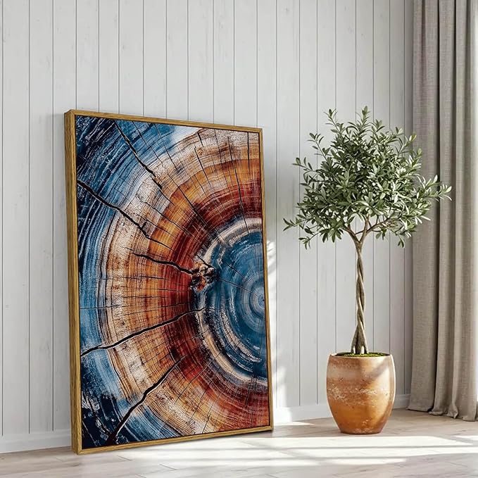 BingruiArt Large Framed Tree Ring Wall Art Wood Canvas Colorful Boho Wall Decor Rustic Artwork Abstract Painting Farmhouse Picture Nature Print for Living Room Bedroom Bathroom 24"x36" Natural Framed(01)