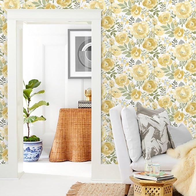 Orainege Floral Wallpaper Peel and Stick Wallpaper 16.9inx196.8in Self Adhesive Wallpaper Boho Contact Paper Removable Decorative Wall Paper for Bedroom Bathroom Shelf Liner Decor Vinyl,Yellow