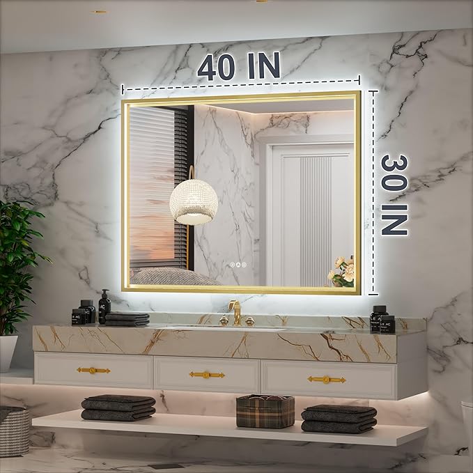 40x30 Inch Gold LED Bathroom Mirror with Front and Back Lights, Adjustable 3000K/4500K/6000K, Framed Lighted Bathroom Vanity Mirror, Dimmable, Anti-Fog, Horizontal/Vertical