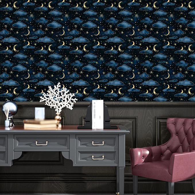 Cloudy Starry Night Peel and Stick Wallpaper Vintage Green Leaf Contact Paper Dark Floral Wall Mural Home Vinyl Waterproof Self Adhesive Removable Renter Friendly Wall Paper 17.5" x 118"