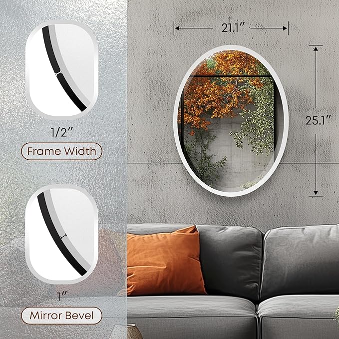 OVALCREST - Oval Wooden Beveled Wall Mirror for Home Decor, Bathroom, Vanity, Bedroom, Living Room, Hallway - London Style (Linen White) 25.1 x 21.1
