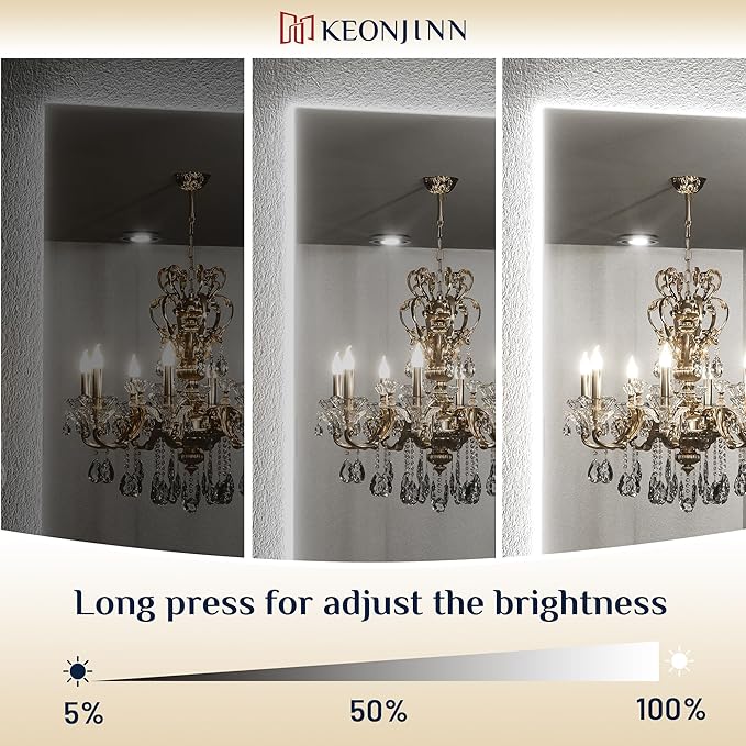 Keonjinn Bathroom Mirror with Lights 60 x 36 Inch, LED Mirror with Backlit, Anti Fog Lighted Mirror with Stepless Dimmable, UL Listed LED Driver, Waterproof, CRI90+, HD Tempered Glass