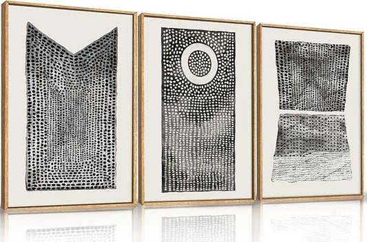 Abstract Dot Pattern Framed Canvas Wall Art Set,Minimalist Black and White Wall Decor,Neutral Geometric Print,Modern Circle Boho Mid Century Artwork for Living Room,Bedroom-24 x36 x3