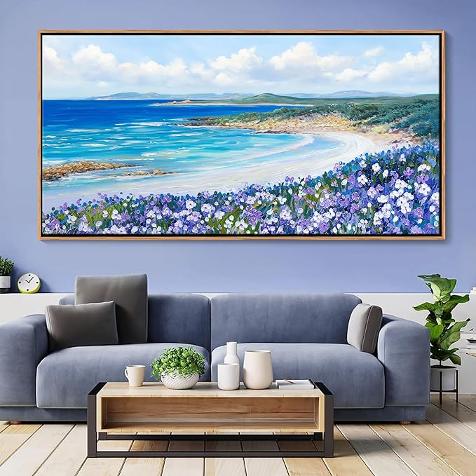 Mofutinpo Coastal Beach Wall Art,Large Purple Flower Landscape Canvas Wall Art for Living Room & Bedroom Decor, Framed Blue Beach Pictures & Paintings for Walls,Ocean Artwork for Home & Office 29x58IN