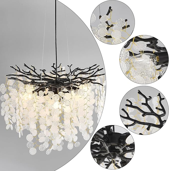 Capiz Shell Chandelier 18-Inch, Black Crystal Tree Branch Chandelier, 6-Light Coastal Light Fixture, Contemporary Entryway Chandeliers, for Dining Room Bedroom Foyer Bathroom