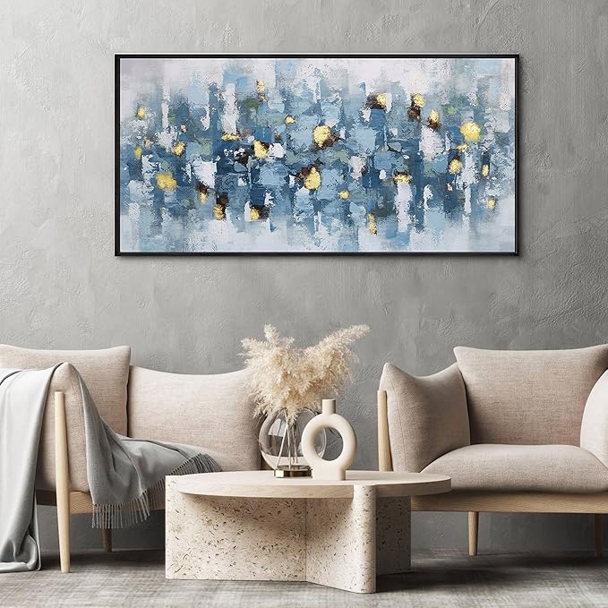 KLAKLA Blue and White Abstract Wall Art - Living Room Wall Decor Gold Picture Artwork for Walls Prints Paintings Framed Canvas Bedroom Office Guest Room Home Decoration 40x20 Inches