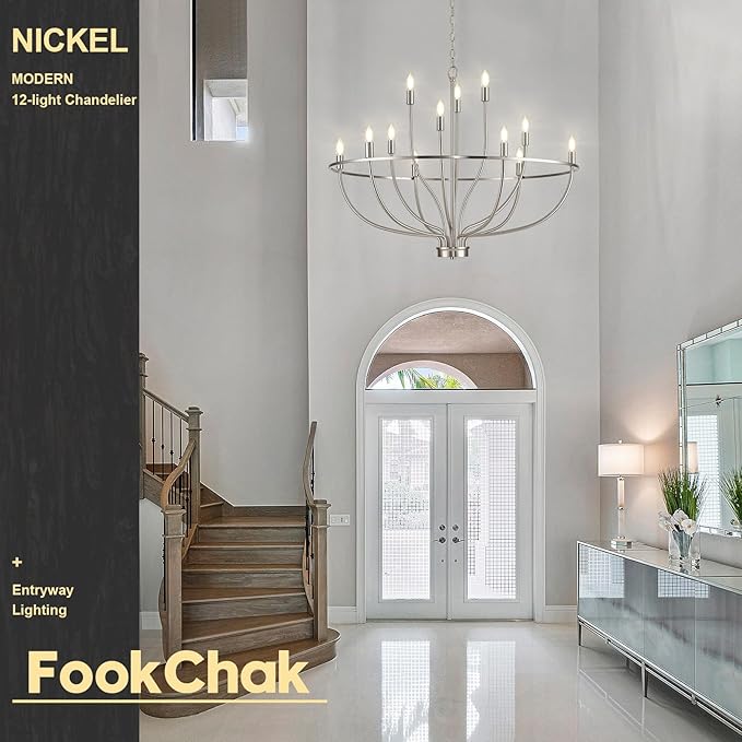 12 Light Brushed Nickel Chandelier, Large Chandeliers for High Ceilings, 36inch Metal Chrome Chandelier Light Fixture Metal Candle Chandelier with Long Chain for Dining Foyer Kitchen Bedroom
