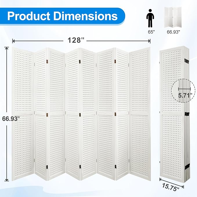 8 Panel Room Divider with Pegboard Display 5.6FT Wood PegBoard Room Dividers, Folding Privacy Screens Portable Freestanding Partition Wall Divider for Art Shows & Room Separation, White