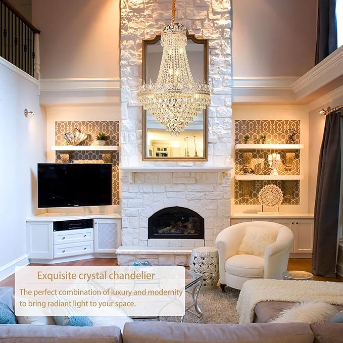 KoKo&Yukina Gold 23.6" French Empire Crystal Chandelier 14 Lights K9 Crystal Chandeliers Modern Farmhouse Crystal Chandeliers Adjustable Hanging Chandelier for Living Room Dining Room Bedroom