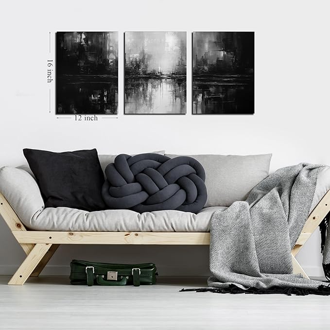 Abstract Painting Canvas Wall Art for Office,Black and White Wall Decor for Bedroom,3 Piece Wall Art Living Room 12 x 16 Inch Each Panel