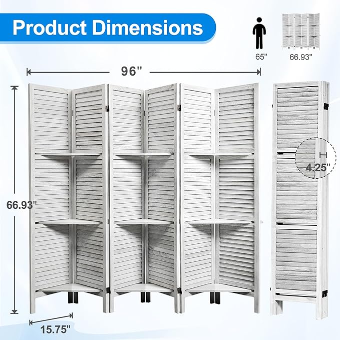 6 Panel Room Divider 5.6FT Louvered Design Room Dividers with Display Shelves Folding Privacy Screens Portable Freestanding Partition Wall Dividers for Bedroom & Office, Retro White