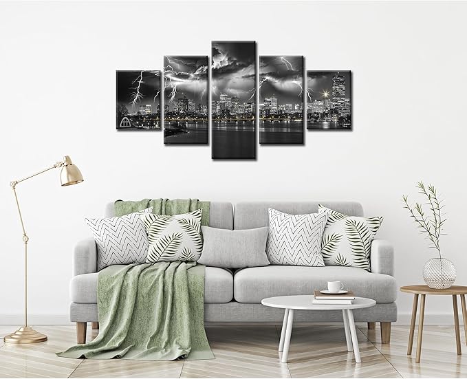 Boston Wall Art Massachusetts Panoramic Night Wall Decor Lightning Strikes City Picture Boston Skyline Canvas Prints Black and White Painting Poster Framed Home Decoration(60x32 inches)
