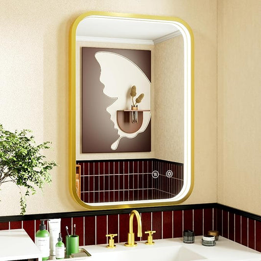 16x24 Inch Gold LED Bathroom Mirror with Lights, Adjustable 3000K/4500K/6000K, Wall Mounted Framed Lighted Bathroom Vanity Mirrors, Anti-Fog, Dimmable, Memory Funtiom, Horizontal/Vertical