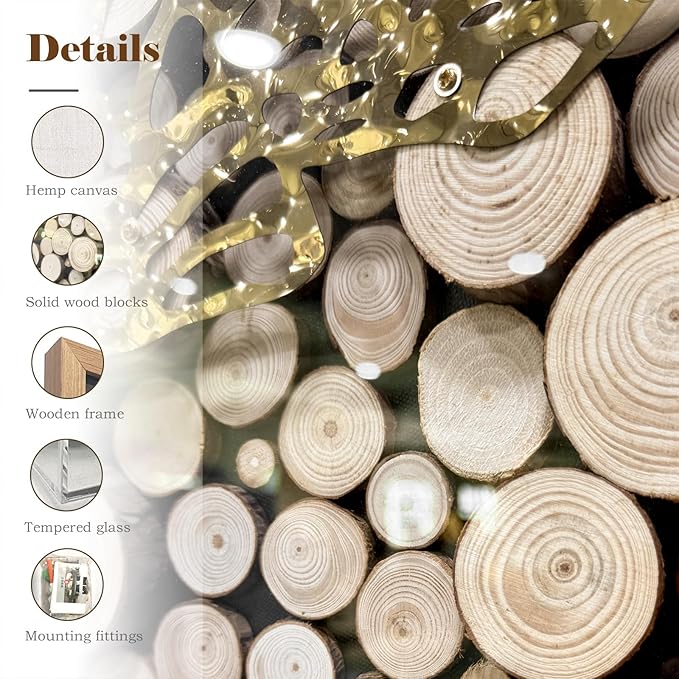 BrightA 3D Textured Wood Block Wall Art - Hand-Assembled Timber Base with Golden Vine Metal Accents, Tempered Glass & Solid Wood Frame Contemporary Decorfor Living Room Office 59"x59"