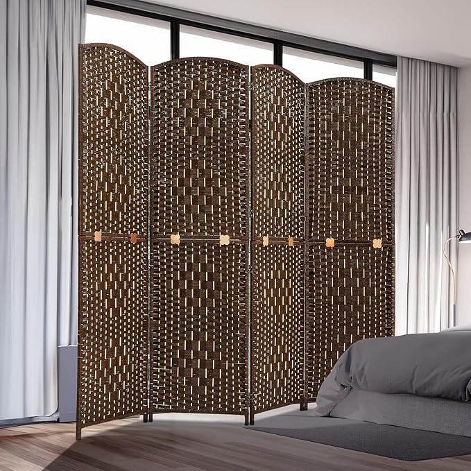 JOSTYLE Room Divider 6FT Folding Wall Divider for Room Separation Portable Privacy Screen Hand-Made Freestanding Room Partition Dividers, 2-in-1 Multifunction Room Divider Panel (Brown, 4 Panel)