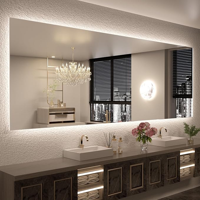 Keonjinn Backlit Mirror 84 x 32 Inch 3 Colors LED Bathroom Mirror with Lights, Large Stepless Dimmable Wall Mirror with UL Listed LED Driver, Shatterproof Tempered Glass, Anti-Fog LED Vanity Mirror