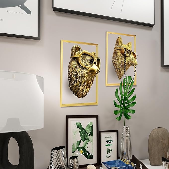 AYDIA Vintage Gold Animal Head Wall Decor, Faux Fox Decor, Wall Art, 3D Animal Sculpture, Gift Ready, Gold Fox for Home or Office.