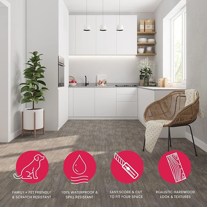 Luxury Vinyl Floor Tiles by Lucida USA | Peel & Stick Adhesive Flooring for DIY Installation | 36 Wood-Look Planks | BaseCore | 54 Sq. Feet