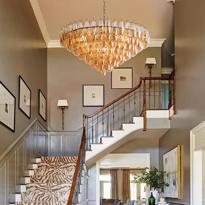 Large Chandelier, 37" Gold Smoke Glass Chandelier for Living Room, 14-Light Round Drum Kitchen Island Hanging Light Fixture Perfect for Dining Room, Bedroom,Kitchen, Foyer