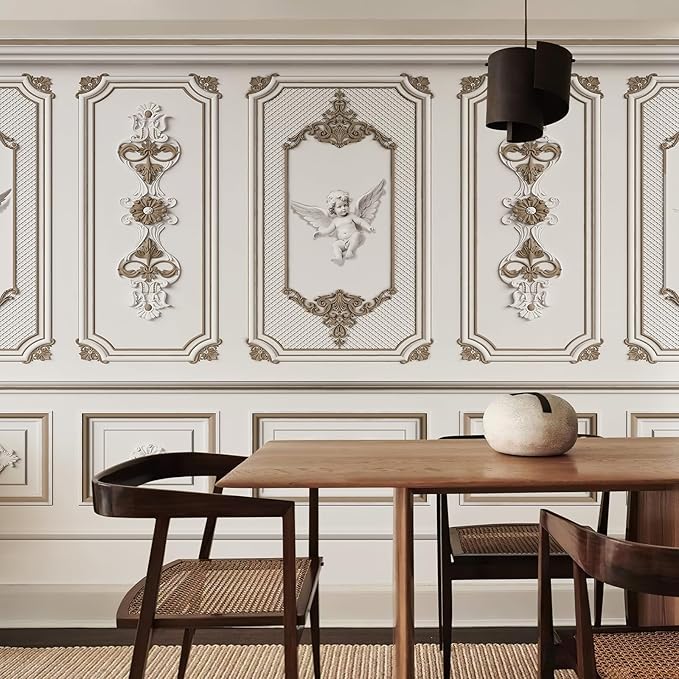 Large 3D Wallpaper Peel and Stick Vintage Rococo Style Architecture Mural 148" W x 110" H Brown White French Embossed Stereo Wall Mural 3D Stereo Wallpaper for Living Room Bedroom Sofa Background