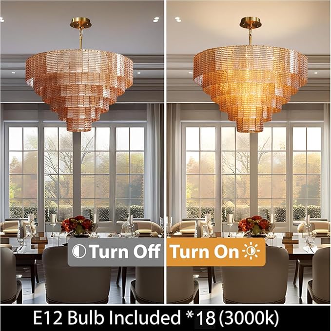 Large Chandelier, 41" Gold Chandelier for Dining Room, 18-Light Round Drum Kitchen Island Hanging Light Fixture，Amber Glass Linear Chandeliers Perfect for Living Room, Bedroom,Kitchen, Foyer