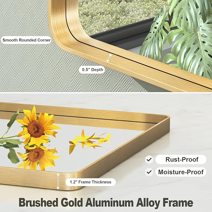 28x36 Gold Framed Bathroom Mirror, Brushed Gold Metal Vanity Mirror, Rectangle Modern Mirror for Wall, Rounded Corner, Tempered Glass, Anti-Rust, Shatterproof, Hangs Horizontally or Vertically