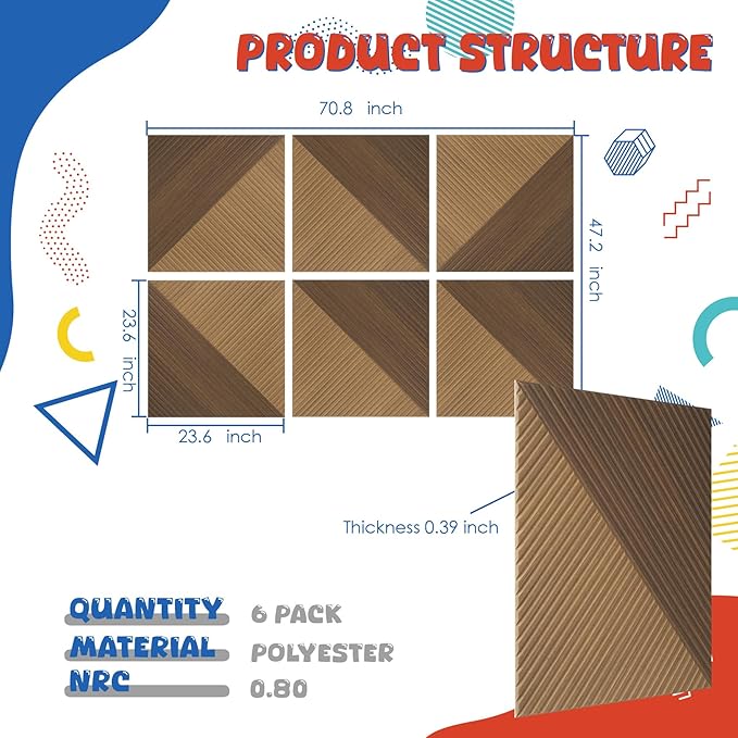 Acoustic Panels 6 Pack, Soundproof Wall Panels 23.6 x 23.6 Inches, Large Decorative Sound Absorbing Panels,Self-Adhesive Acoustic Treatment for Home Studio Office,Deep SymmetryLuxe