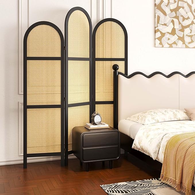 3-Panel Hand-Woven Rattan Room Divider, Tall Foldable Privacy Screen with Wooden Frame - Freestanding Portable Partition for Home Office, Bedroom, Bathroom(Black-Wave)
