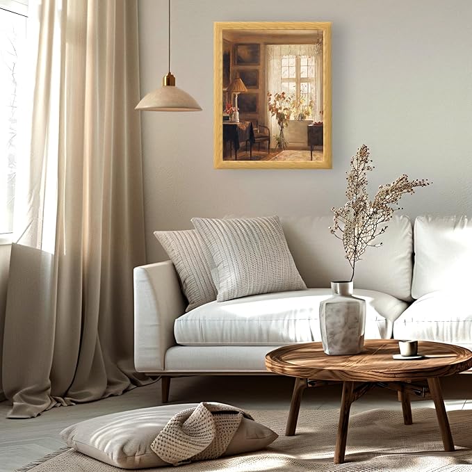 Brivoria Framed Canvas Wall Art Vintage Decor, Scandinavian Interior Artwork with Sunlit Window, Indoor Greenery and Golden Autumn Glow for Living Room Bedroom Fireplace or Gallery Display, 16"x20"